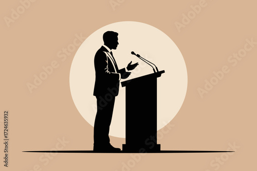 Man in silhouette speaking at podium with microphones, conveying authority and public speaking.