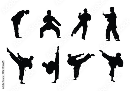 karate kick set collection pack bundle black shape icon silhouette vector flat illustration design on white background