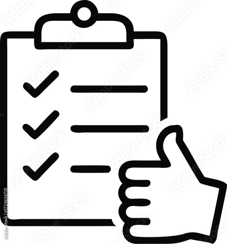 Clipboard with checklist and thumbs up hand gesture representing approval and success