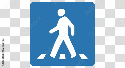 Vector illustration of a blue pedestrian crosswalk sign. A universal icon of a person walking on a zebra crossing symbolizing road safety and urban transit