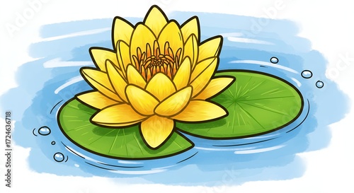 Yellow lotus flower on water lily pad