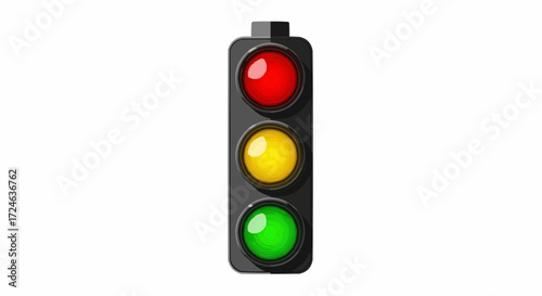 Simple and clean illustration of a traffic light with red, yellow, and green lights illuminated against a white background