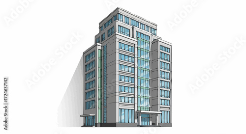 Modern Commercial Office Building with Glass Facade and Multiple Floors, Architectural Illustration