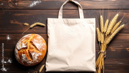 Rustic scene a blank tote bag, crusty bread, and golden wheat on a dark wooden surface dusted with flour. Farmhouse aesthetic