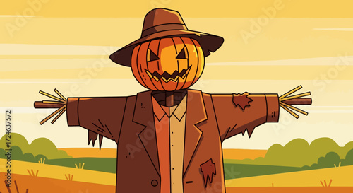 Whimsical Autumn Illustration Featuring a Pumpkin-Headed Scarecrow in a Field, Perfect for Halloween-themed Designs and Seasonal Marketing Campaigns.
