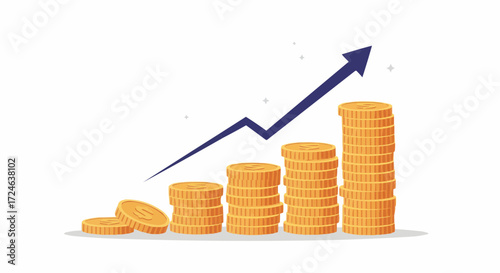 Growing stacks of gold coins with an upward arrow. Concept of financial success, investment return, profit growth, and wealth accumulation. Vector