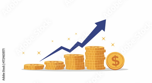 Financial Growth Concept Stacks of Gold Coins with Rising Arrow, Business and Investment