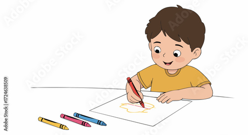 A cheerful young boy with brown hair is deeply engaged in his artistic world, happily drawing and coloring with vibrant red crayons on a piece of white paper, expressing his imagination