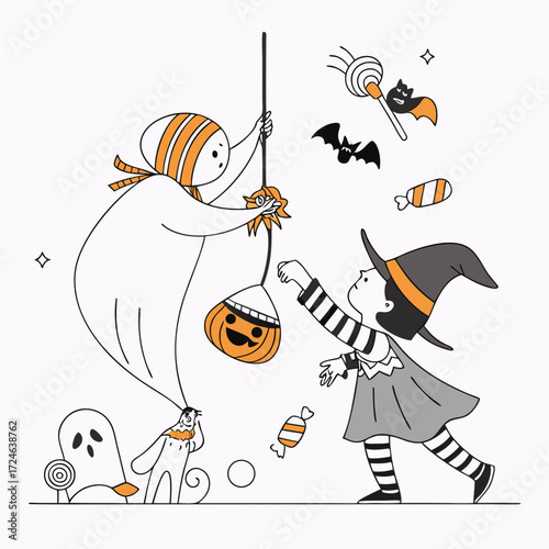 Cute ghost and witch characters celebrating halloween with candy bats and a pumpkin trick or treat bucket