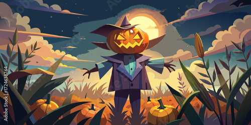 Spooky jack o lantern scarecrow stands proudly in a pumpkin patch under a full moon at dusk