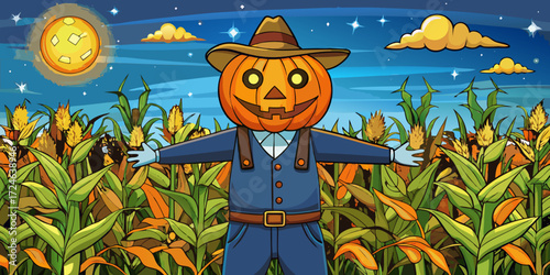Friendly cartoon pumpkin scarecrow stands in a cornfield under a starry night sky with a full moon