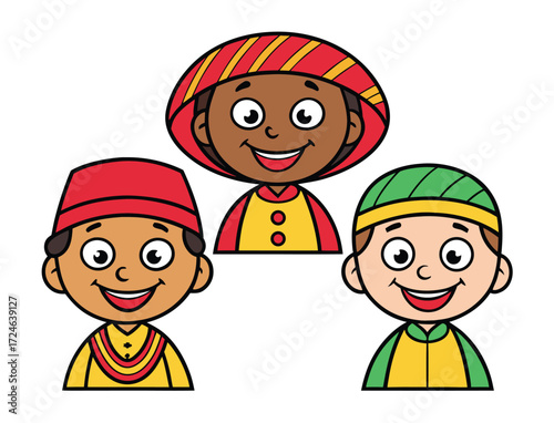 Cartoon Illustration of Diverse Children Smiling in Traditional Clothing and Hats