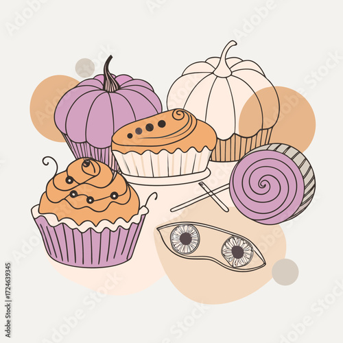 Whimsical halloween treats featuring pumpkins cupcakes lollipop and eyeball candy on a pastel background