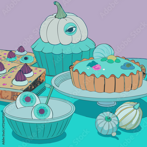 Whimsical halloween dessert spread featuring a giant cupcake with an eye a pie and spooky treats on a teal table
