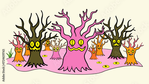 A spooky and whimsical cartoon forest filled with expressive anthropomorphic trees with funny faces