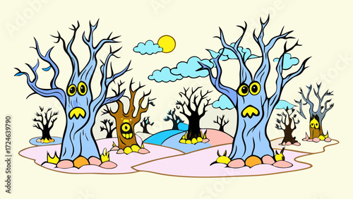 Whimsical cartoon trees with expressive faces stand in a surreal landscape under a bright sun and fluffy clouds
