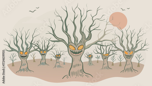 Creepy halloween forest with gnarled bare trees with carved faces and glowing eyes under a pale sun and flying birds