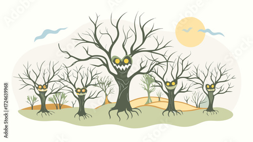 Creepy halloween forest with spooky gnarled trees with faces and glowing eyes under a pale sun
