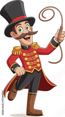 Cartoon circus ringmaster character, red coat costume, black top hat, curly mustache, holding whip, dynamic pose, performance, entertainment illustration