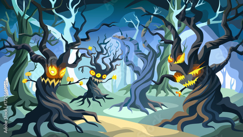 Spooky halloween forest with gnarled anthropomorphic trees featuring glowing eyes and jagged mouths under a dark blue sky