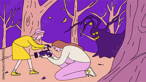 Two women filming a spooky purple monster tree in a dark forest at night with a moon and stars