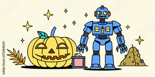 Friendly blue robot and carved jack o lantern with candy and autumn leaves celebrate halloween together
