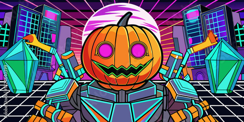 Retro futuristic cyberpunk halloween pumpkin character with neon cityscape and geometric elements