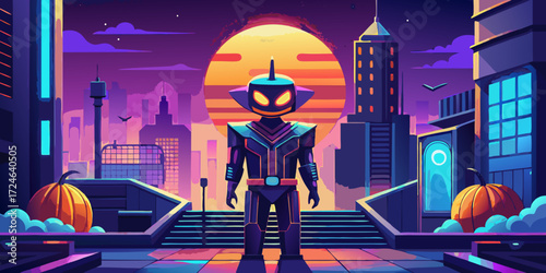 Futuristic robot stands in a neon lit city at sunset with pumpkins evoking a sci fi halloween atmosphere