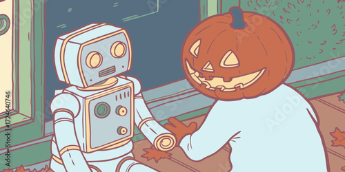Friendly robot and jack o lantern character interacting on a porch during autumn with fallen leaves symbolizing halloween season