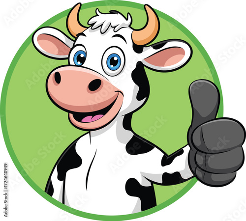Cartoon cow mascot character smiling with thumbs up, cute farm animal illustration, friendly dairy design for kids, branding, promotional content