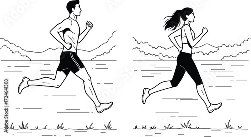 Cartoon Lifestyle Icons Featuring Man and Woman Running in Nature, Energetic Mood, Fitness Theme, and Scenic Health Scene