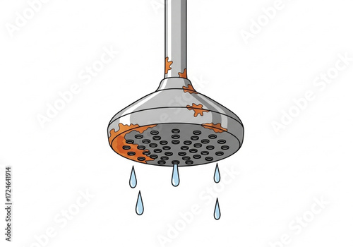 Rusty Shower Head Dripping Water with Corrosion and Mineral Buildup