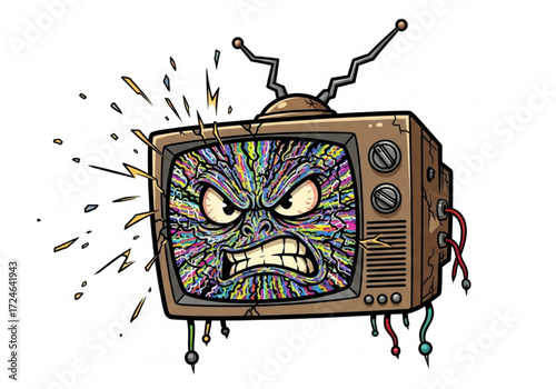 Cartoon illustration of an angry old television with a furious static face breaking apart