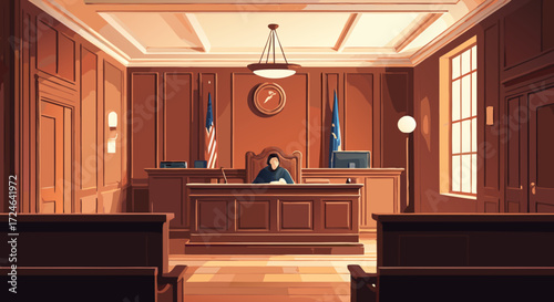 Courtroom Interior Illustration: A detailed illustration captures the essence of a classic courtroom, featuring the judge's bench, witness stand, and empty pews.
