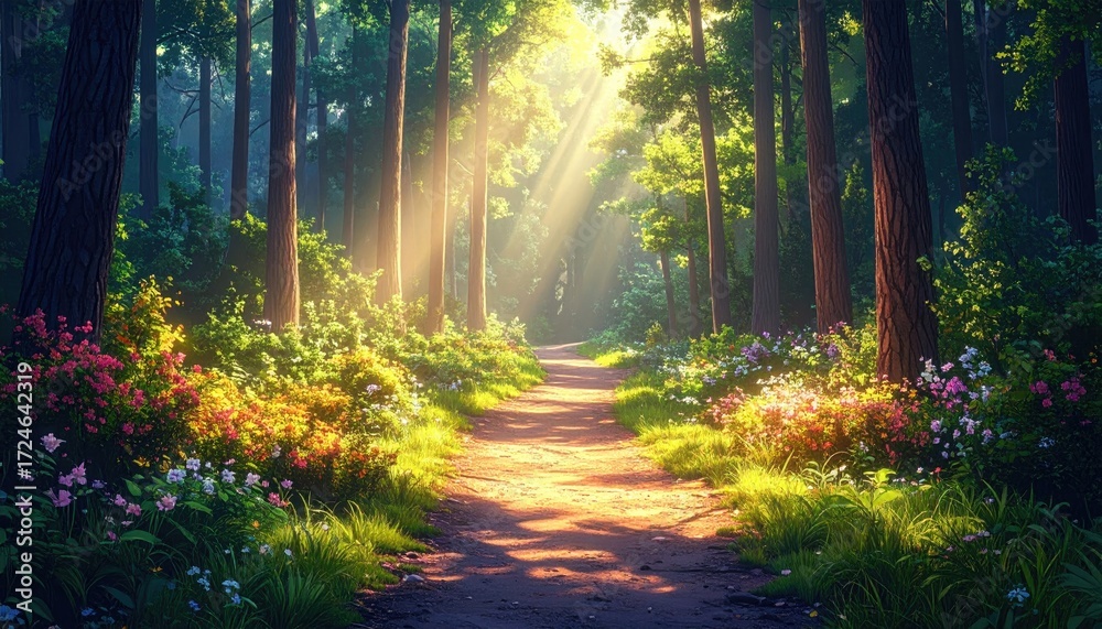 Obraz premium Sunlight streams through a vibrant forest path lined with flowers