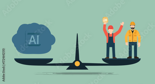 AI vs Human Labor: An illustrative depiction of the balance between artificial intelligence and human workers, showcasing their relative weight in the workforce.