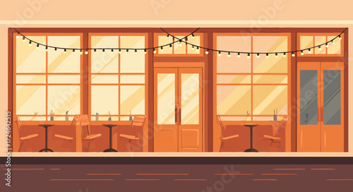 Cozy Cafe Facade: A quaint cafe, bathed in warm hues of sunlight, showcases inviting interior with tables and chairs through large windows, and a welcoming door under string lights. 