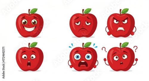 Adorable red apple fruit cartoon character set with various emotional facial expressions
