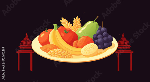 A Colorful Feast of Nature's Bounty: A vibrant illustration depicts a rich assortment of fresh fruits and grains, artfully arranged on a plate, symbolizing abundance and health.