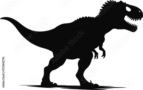 Dinosaur Silhouette Illustration Prehistoric Design, A black silhouette illustration featuring various dinosaurs in a prehistoric scene. The design includes a large Tyrannosaurus rex in the center,