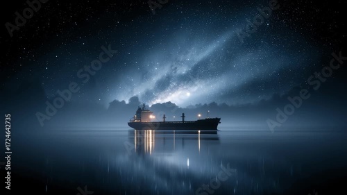 Ocean Freighter Silently Sailing Under Starry Sky