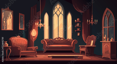 Elegant Gothic Interior: a digitally painted gothic interior of a stately room, where history and design converge, showcasing antique furnishings, arched windows, and ornate details.