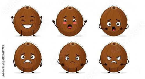 Cartoon Coconuts with Various Expressions A Vector Emotion Set
