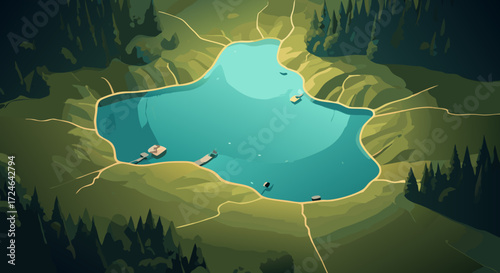 Tranquil Lake Aerial View: The illustration provides a captivating aerial view, showcasing a serene turquoise lake surrounded by lush greenery, embracing the raw beauty of the landscape.