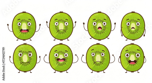 Collection of Cheerful and Expressive Cartoon Kiwi Fruit Characters Showing Various Emotions