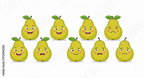 Set of cute cartoon pear characters displaying a wide range of emotions and facial expressions