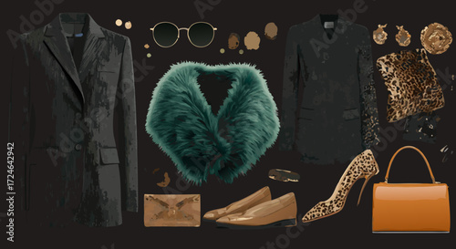 Elegant Fashion Ensemble: A curated collection of sophisticated fashion pieces and accessories, harmoniously arranged, showcasing textures and tones for style and elegance.