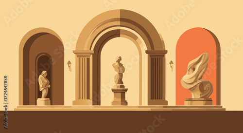 Artistic Gallery Display: An artistic illustration showcasing classical architectural features framing sculptures within an art gallery, with dramatic lighting and a timeless feel.