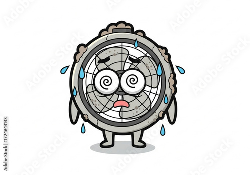 Exhausted and Dusty Old Electric Fan Character Malfunctioning with a Dizziness Expression