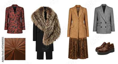 Fashion Ensemble: A curated selection of sophisticated attire, showcasing a variety of textures and styles, from a tailored blazer to a luxurious fur stole.
